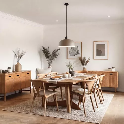 Desain interior Scandinavian ruang makan dengan warna netral dan material kayu alami-interior splusa.id Desain interior Scandinavian ruang makan dengan warna netral dan material kayu alami-interior splusa.id