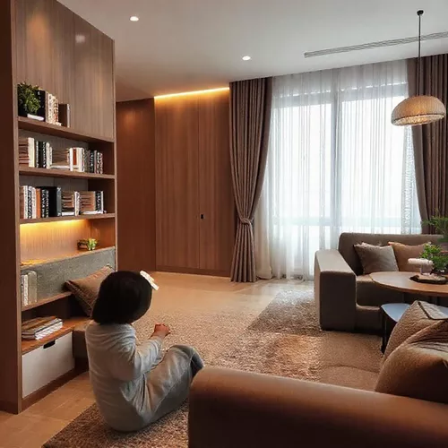 Desain interior apartemen konsep terbuka di Jakarta, sudut baca, furnitur fungsional, pencahayaan-kontraktor interior kantor splusa.id Desain interior apartemen konsep terbuka di Jakarta, sudut baca, furnitur fungsional, pencahayaan-kontraktor interior kantor splusa.id