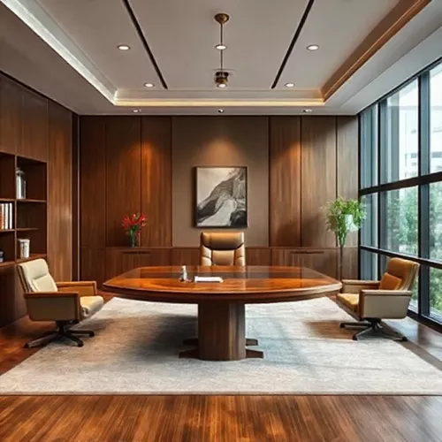 Desain interior kantor eksekutif Jakarta, meja kayu, kursi kulit, rak buku, karya seni-kontraktor interior kantor splusa.id Desain interior kantor eksekutif Jakarta, meja kayu, kursi kulit, rak buku, karya seni-kontraktor interior kantor splusa.id