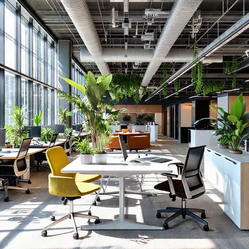 Desain interior kantor modern dengan furnitur ergonomis dan elemen hijau, menciptakan ruang kerja yang nyaman dan produktif-splusa.id Desain interior kantor modern dengan furnitur ergonomis dan elemen hijau, menciptakan ruang kerja yang nyaman dan produktif-splusa.id