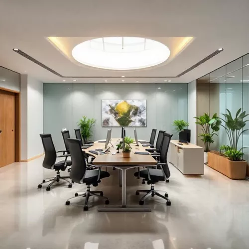 Desain interior kantor modern dengan meja kerja ergonomis, pencahayaan alami, dan tanaman hias yang mendukung produktivitas-interior splusa.id Desain interior kantor modern dengan meja kerja ergonomis, pencahayaan alami, dan tanaman hias yang mendukung produktivitas-interior splusa.id