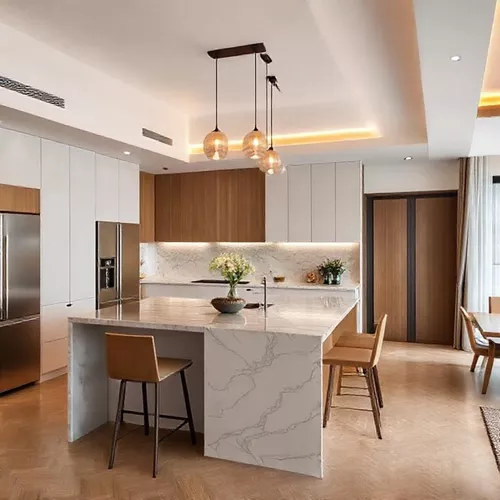 Desain interior konsep terbuka di Jakarta, dapur modern menyatu dengan ruang makan, kitchen island, pencahayaan-kontraktor interior kantor splusa.id Desain interior konsep terbuka di Jakarta, dapur modern menyatu dengan ruang makan, kitchen island, pencahayaan-kontraktor interior kantor splusa.id