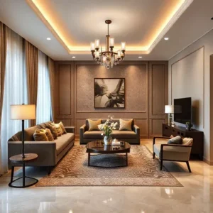 Desain interior kustom ruang tamu modern yang dikerjakan oleh kontraktor interior, menampilkan furnitur elegan dan pencahayaan yang menarik-splusa.id