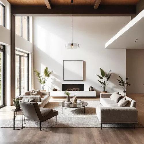 Desain interior modern ruang tamu minimalis dengan furnitur elegan dan tanaman hias-interior splusa.id Desain interior modern ruang tamu minimalis dengan furnitur elegan dan tanaman hias-interior splusa.id