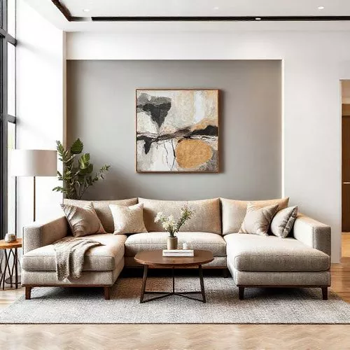 Desain ruang tamu modern minimalis dengan sofa besar, meja kopi kayu, dan lukisan abstrak, mencerminkan gaya interior Banjarmasin-interior splusa.id Desain ruang tamu modern minimalis dengan sofa besar, meja kopi kayu, dan lukisan abstrak, mencerminkan gaya interior Banjarmasin-interior splusa.id