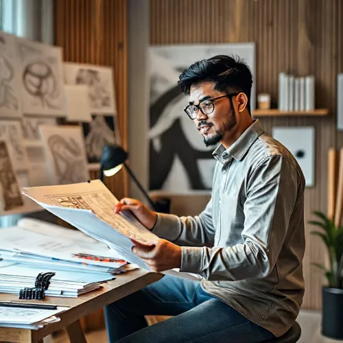 Desainer interior bekerja di studio dengan sketsa dan material, menggambarkan loker kontraktor interior-splusa.id Desainer interior bekerja di studio dengan sketsa dan material, menggambarkan loker kontraktor interior-splusa.id