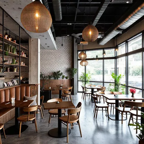 Interior kafe dengan desain industrial, dinding bata ekspos dan furnitur kayu, menciptakan suasana hangat di Banjarmasin-kontraktor interior kantor splusa.id Interior kafe dengan desain industrial, dinding bata ekspos dan furnitur kayu, menciptakan suasana hangat di Banjarmasin-kontraktor interior kantor splusa.id