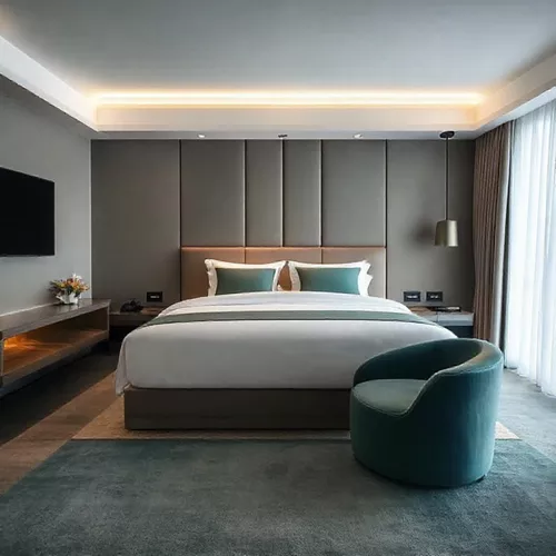 Kamar tidur modern dengan tempat tidur king-size dan lemari pakaian stylish, ideal untuk kenyamanan di Banjarmasin-kontraktor interior kantor splusa.id Kamar tidur modern dengan tempat tidur king-size dan lemari pakaian stylish, ideal untuk kenyamanan di Banjarmasin-kontraktor interior kantor splusa.id
