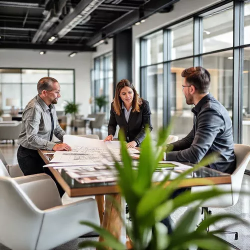 Konsultasi desain interior kantor antara klien dan tim kontraktor interior profesional di ruang kerja modern-splusa.id Konsultasi desain interior kantor antara klien dan tim kontraktor interior profesional di ruang kerja modern-splusa.id