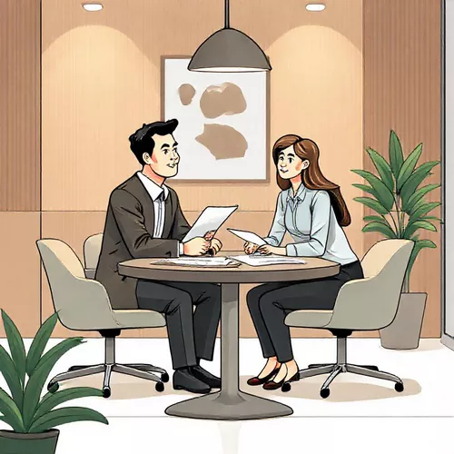 Proses konsultasi desain interior kantor antara klien dan kontraktor, membahas kebutuhan dan anggaran proyek-splusa.id Proses konsultasi desain interior kantor antara klien dan kontraktor, membahas kebutuhan dan anggaran proyek-splusa.id