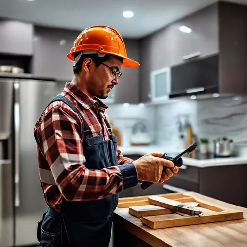 Proses pemasangan kitchen set oleh kontraktor profesional, menunjukkan pengukuran dan pemasangan kabinet-splusa.id Proses pemasangan kitchen set oleh kontraktor profesional, menunjukkan pengukuran dan pemasangan kabinet-splusa.id