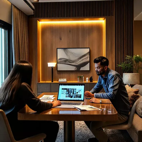 Proses pemilihan kontraktor interior Jakarta dengan klien berdiskusi tentang desain interior dan material-splusa.id Proses pemilihan kontraktor interior Jakarta dengan klien berdiskusi tentang desain interior dan material-splusa.id