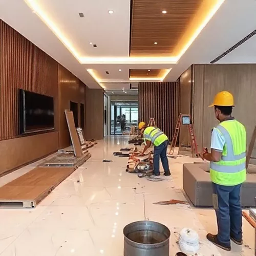 Proses renovasi ruang komersial oleh kontraktor interior Palembang, menampilkan pekerja yang sedang memasang material baru-splusa.id Proses renovasi ruang komersial oleh kontraktor interior Palembang, menampilkan pekerja yang sedang memasang material baru-splusa.id