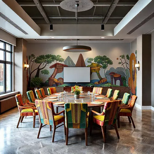 Ruang rapat kreatif dengan meja bundar, kursi berwarna-warni, dan mural inspiratif yang mendukung kolaborasi tim-interior splusa.id Ruang rapat kreatif dengan meja bundar, kursi berwarna-warni, dan mural inspiratif yang mendukung kolaborasi tim-interior splusa.id