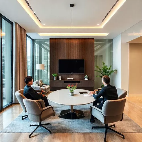 Suasana konsultasi antara klien dan kontraktor interior di Jakarta, menampilkan desain modern dan material interior-kontraktor interior kantor splusa.id Suasana konsultasi antara klien dan kontraktor interior di Jakarta, menampilkan desain modern dan material interior-kontraktor interior kantor splusa.id