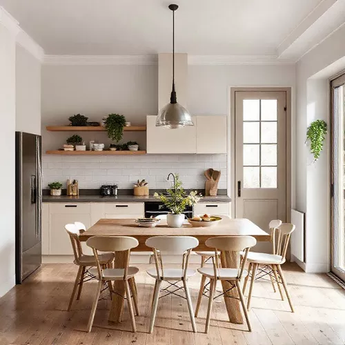 Dapur Scandinavian yang bersih dan fungsional di Jakarta, dengan lemari putih minimalis dan meja dapur kayu-interior splusa.id Dapur Scandinavian yang bersih dan fungsional di Jakarta, dengan lemari putih minimalis dan meja dapur kayu-interior splusa.id