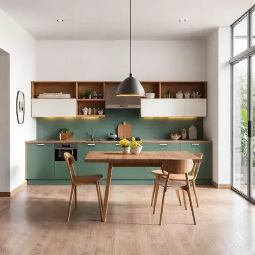 Dapur bergaya Skandinavia dengan desain terbuka, palet warna cerah, dan aksen kayu, menciptakan suasana modern dan fungsional-interior splusa.id Dapur bergaya Skandinavia dengan desain terbuka, palet warna cerah, dan aksen kayu, menciptakan suasana modern dan fungsional-interior splusa.id
