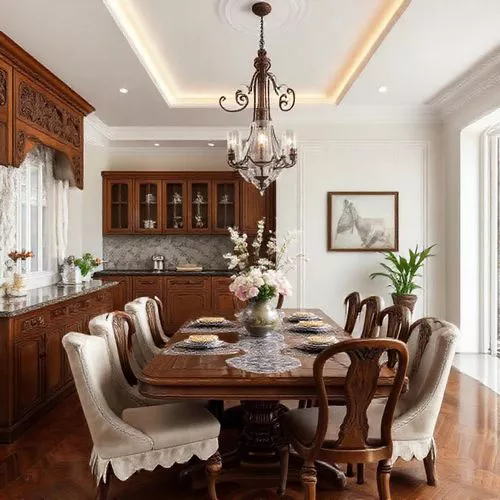 Dapur klasik yang mewah dengan lemari kayu berukiran, meja makan besar, dan dekorasi keramik klasik-interior splusa.id Dapur klasik yang mewah dengan lemari kayu berukiran, meja makan besar, dan dekorasi keramik klasik-interior splusa.id