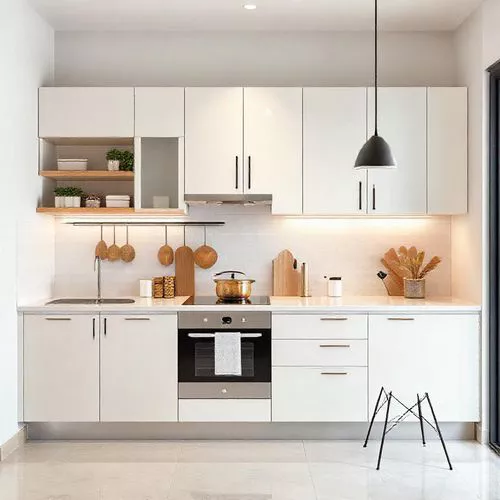 Dapur minimalis yang terorganisir dengan kitchen set putih dan pencahayaan yang baik, menciptakan suasana bersih dan fungsional-interior splusa.id Dapur minimalis yang terorganisir dengan kitchen set putih dan pencahayaan yang baik, menciptakan suasana bersih dan fungsional-interior splusa.id