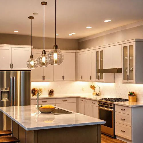 Dapur modern dengan lampu gantung dan pencahayaan task di bawah kabinet, menciptakan suasana fungsional dan nyaman untuk memasak-interior splusa.id Dapur modern dengan lampu gantung dan pencahayaan task di bawah kabinet, menciptakan suasana fungsional dan nyaman untuk memasak-interior splusa.id