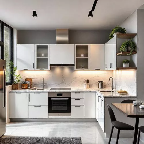 Dapur modern minimalis dengan kabinet putih dan countertop marmer, mencerminkan desain interior yang fungsional dan estetis di Jakarta Selatan-interior splusa.id Dapur modern minimalis dengan kabinet putih dan countertop marmer, mencerminkan desain interior yang fungsional dan estetis di Jakarta Selatan-interior splusa.id