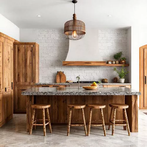 Dapur rustic, lemari kayu, meja dapur granit, lampu gantung logam, detail aksen pedesaan, desain interior rustic Jakarta-interior splusa.id Dapur rustic, lemari kayu, meja dapur granit, lampu gantung logam, detail aksen pedesaan, desain interior rustic Jakarta-interior splusa.id