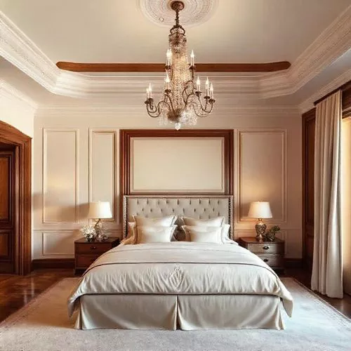 Desain interior kamar tidur mewah klasik dengan tempat tidur besar dan pencahayaan elegan-interior splusa.id Desain interior kamar tidur mewah klasik dengan tempat tidur besar dan pencahayaan elegan-interior splusa.id
