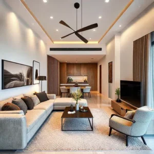 Desain interior modern apartemen oleh kontraktor interior Jakarta Barat SPlusA.id, menampilkan garis bersih dan material modern-interior splusa.id