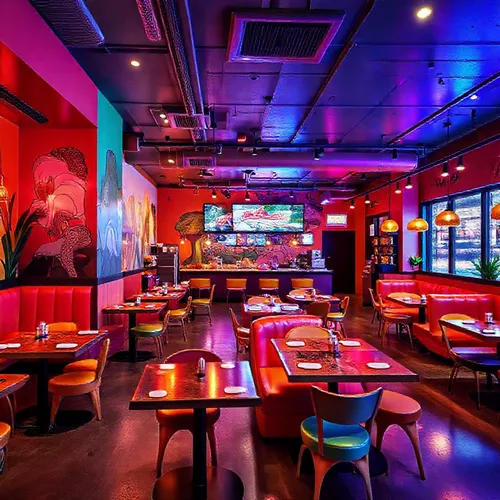 Desain interior restoran yang menarik dengan warna cerah dan pencahayaan dramatis-interior splusa.id Desain interior restoran yang menarik dengan warna cerah dan pencahayaan dramatis-interior splusa.id