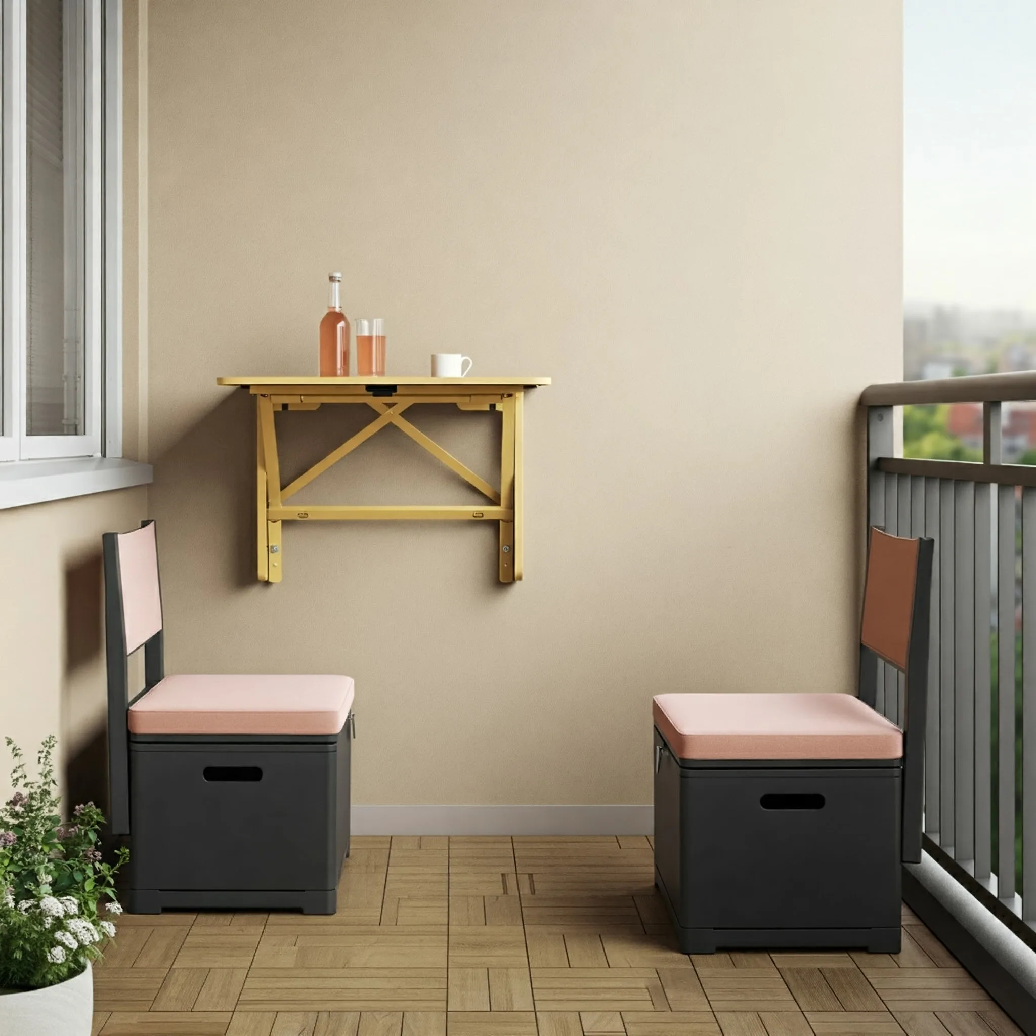 Furnitur Multifungsi di Balkon Apartemen dengan dua kursi yang memiliki tempat penyimpanan di bawahnya -design interior Jakarta SPlusA.id