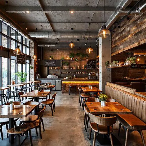 Interior kafe bergaya industrial di Jakarta Selatan dengan elemen beton dan besi Interior kafe bergaya industrial di Jakarta Selatan dengan elemen beton dan besi