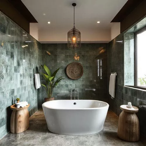 Kamar mandi bergaya Mediterania dengan keramik tradisional, bathtub terpisah, dan aksesori alami-interior splusa.id Kamar mandi bergaya Mediterania dengan keramik tradisional, bathtub terpisah, dan aksesori alami-interior splusa.id
