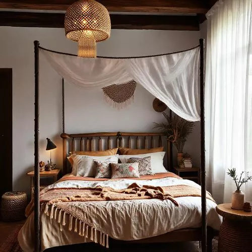 Kamar tidur gaya Bohemian dengan sprei cerah, bantal beragam, dan lampu gantung artistik, menciptakan suasana nyaman dan tenang-interior splusa.id Kamar tidur gaya Bohemian dengan sprei cerah, bantal beragam, dan lampu gantung artistik, menciptakan suasana nyaman dan tenang-interior splusa.id