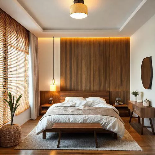 Kamar tidur minimalis dengan tempat tidur berbingkai kayu, dinding beraksen gelap, dan pencahayaan hangat-interior splusa.id Kamar tidur minimalis dengan tempat tidur berbingkai kayu, dinding beraksen gelap, dan pencahayaan hangat-interior splusa.id