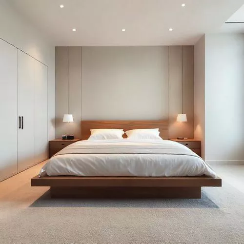 Kamar tidur minimalis modern di Jakarta dengan tempat tidur platform rendah dan pencahayaan lembut-interior splusa.id Kamar tidur minimalis modern di Jakarta dengan tempat tidur platform rendah dan pencahayaan lembut-interior splusa.id