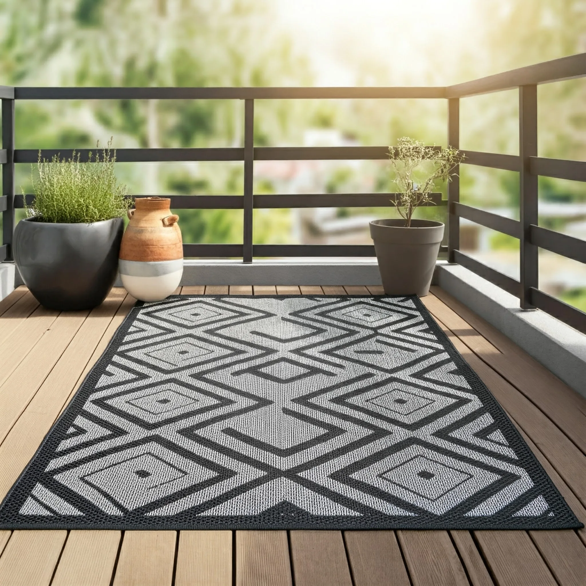 Karpet Outdoor di Balkon Apartemen berbahan plastik daur ulang dengan motif geometris hitam putih-interior design company jakarta SPlusA.id