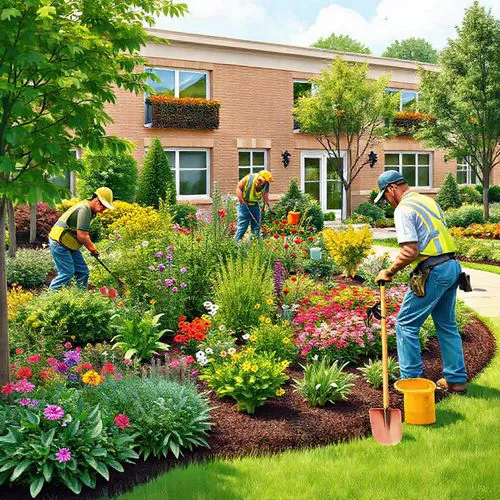 Pekerja lansekap kontraktor sedang mengatur taman dengan berbagai tanaman dan alat berkebun-interior splusa.id Pekerja lansekap kontraktor sedang mengatur taman dengan berbagai tanaman dan alat berkebun-interior splusa.id