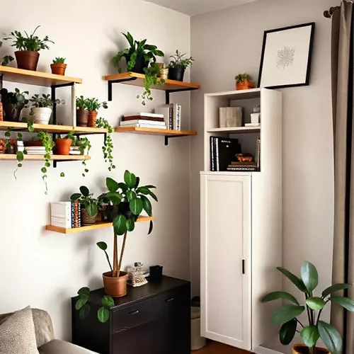 Penggunaan space vertikal di apartemen studio dengan rak dinding dan lemari gantung-interior splusa.id Penggunaan space vertikal di apartemen studio dengan rak dinding dan lemari gantung-interior splusa.id