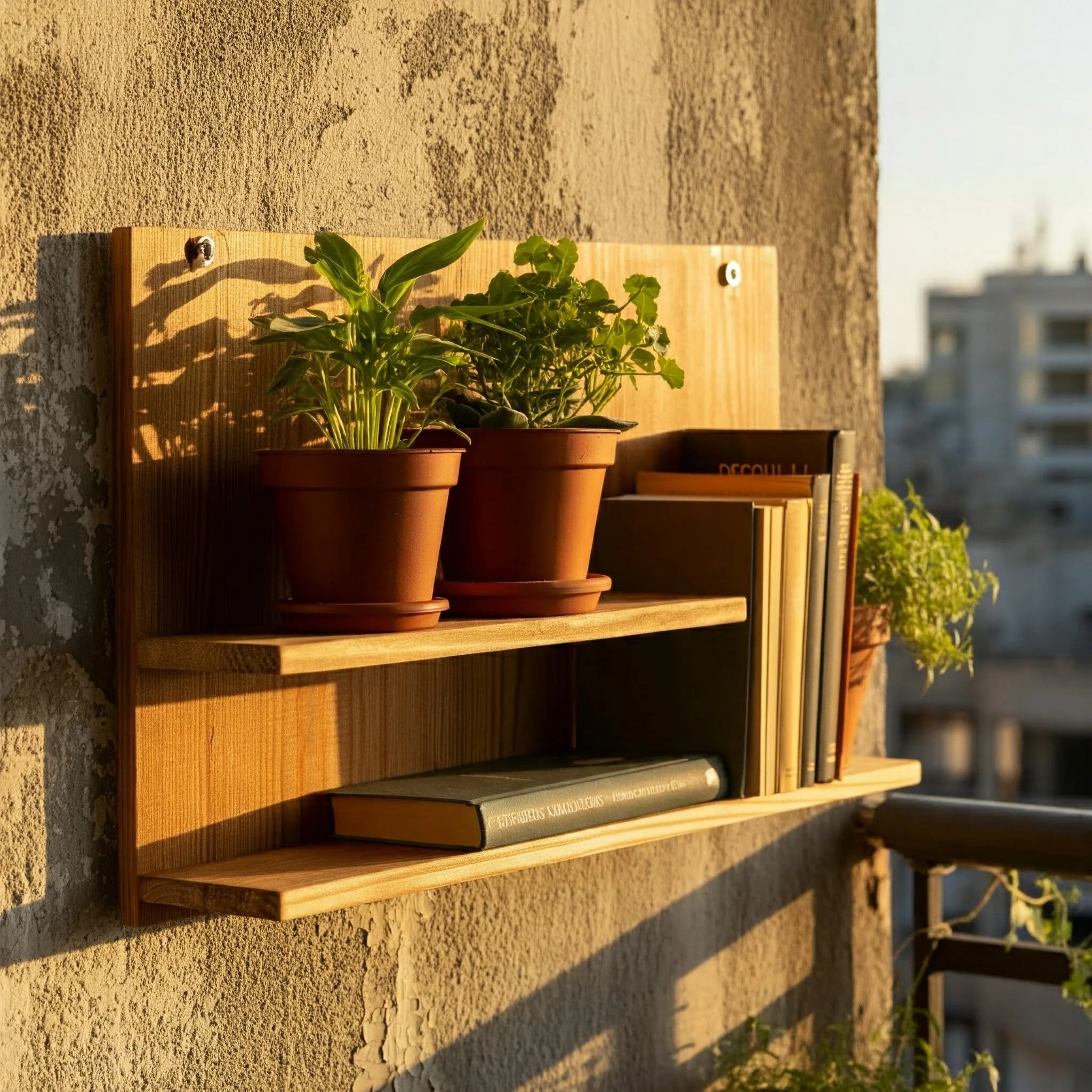 Rak Dinding di Balkon Apartemen Rak dinding minimalis dari kayu-design interior SPlusA.id
