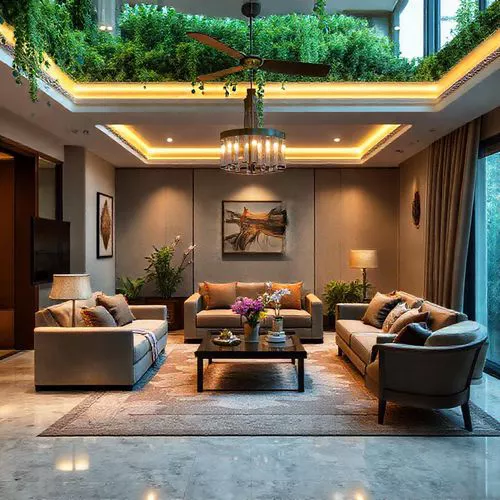Ruang keluarga dengan accent lighting yang menonjolkan lukisan dan tanaman hias, menciptakan suasana estetis dan menarik-interior splusa.id Ruang keluarga dengan accent lighting yang menonjolkan lukisan dan tanaman hias, menciptakan suasana estetis dan menarik-interior splusa.id
