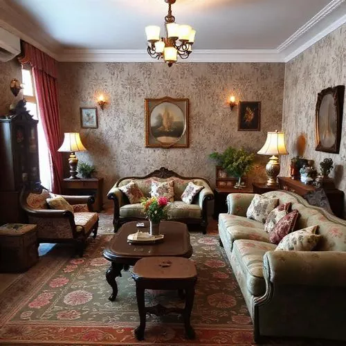 Ruang tamu bergaya vintage dengan furnitur antik, karpet floral, dan pencahayaan dramatis, menciptakan suasana hangat dan nyaman-interior splusa.id Ruang tamu bergaya vintage dengan furnitur antik, karpet floral, dan pencahayaan dramatis, menciptakan suasana hangat dan nyaman-interior splusa.id