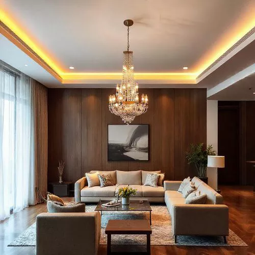 Ruang tamu dengan chandelier yang memberikan pencahayaan ambient hangat, menciptakan suasana hunian yang nyaman di Jakarta-interior splusa.id Ruang tamu dengan chandelier yang memberikan pencahayaan ambient hangat, menciptakan suasana hunian yang nyaman di Jakarta-interior splusa.id
