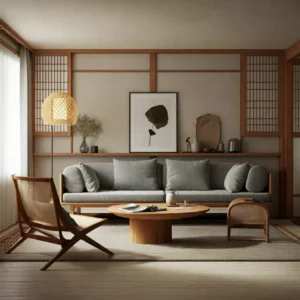 Ruang tamu dengan desain interior Japandi-interior design company jakarta SPlusA.id