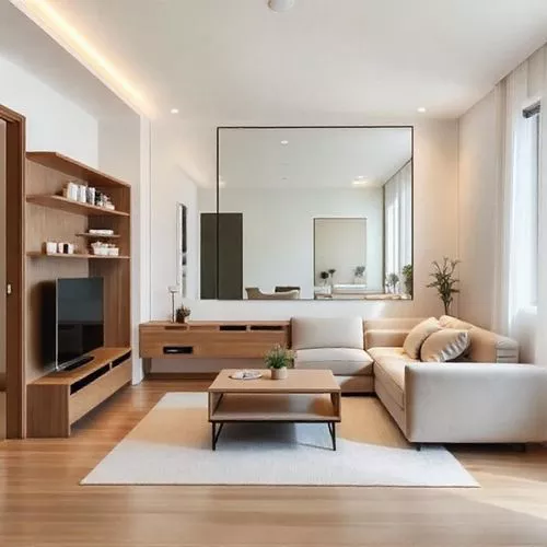 Ruang tamu kecil minimalis dengan sofa netral, meja kopi sederhana, dan rak dinding, menciptakan suasana lapang dan teratur-interior splusa.id Ruang tamu kecil minimalis dengan sofa netral, meja kopi sederhana, dan rak dinding, menciptakan suasana lapang dan teratur-interior splusa.id