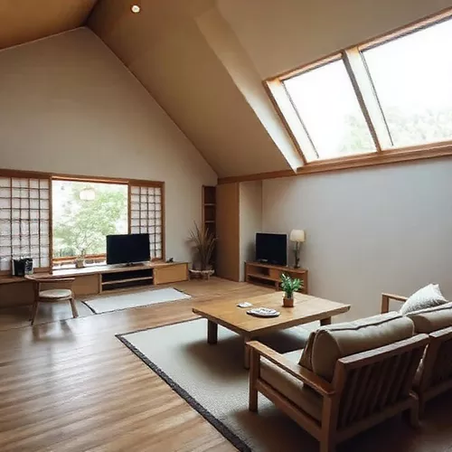 Ruang tamu minimalis bergaya Jepang dengan furnitur rendah dan pencahayaan alami, menciptakan suasana tenang-interior splusa.id Ruang tamu minimalis bergaya Jepang dengan furnitur rendah dan pencahayaan alami, menciptakan suasana tenang-interior splusa.id