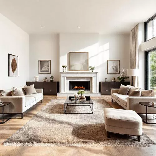 Ruang tamu modern dengan tata letak simetris, sofa berwarna netral, meja kopi, dan pencahayaan alami-interior splusa.id Ruang tamu modern dengan tata letak simetris, sofa berwarna netral, meja kopi, dan pencahayaan alami-interior splusa.id