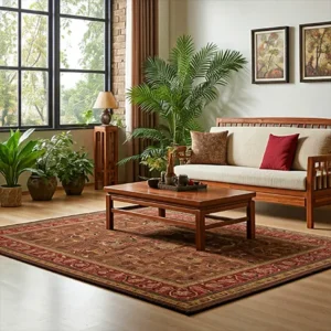 Ruang tamu yang dirancang dengan prinsip Feng Shui, menampilkan karpet berwarna hangat di bawah meja kopi dan sofa-interior splusa.id