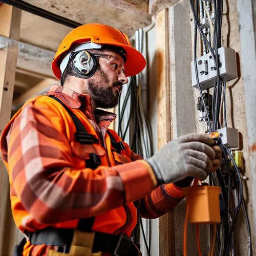 Tukang listrik pekerja kontraktor memasang sistem kelistrikan dengan alat dan kabel di lokasi konstruksi-interior splusa.id Tukang listrik pekerja kontraktor memasang sistem kelistrikan dengan alat dan kabel di lokasi konstruksi-interior splusa.id