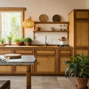 Dapur dengan kitchen set dari bambu dan meja dapur dari batu alam-interior design jakarta SPlusA.id