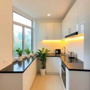 Dapur mungil dengan pencahayaan yang baik di Jakarta-kontraktor interior splusa.id